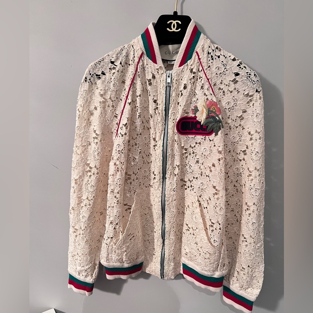 Gucci Lace Bomber Jacket with Red and Green Trim
